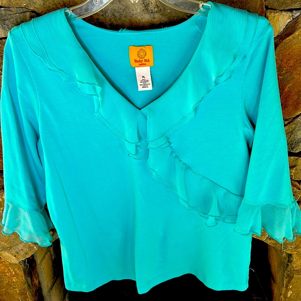 Ruby Rd. Petite Large Light Teal Blue Top with Ruffle V Neck; Perfect Condition - Picture 2 of 7